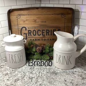 Brand New Rae Dunn Farmhouse FRESH Canister and DRINK Pitcher Set